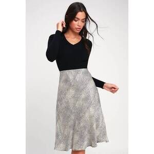 Lulus Wild About You Grey Leopard Print Satin Midi Skirt - Size L